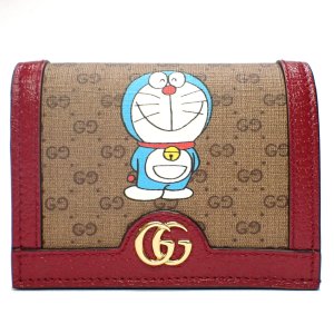 【GUCCI】 グッチ　Fujiko-Proコラボ　GGカードケース　コイン＆紙幣入れ付き　ドラえもん　ブラウン レッド　647788　コンパクト　ドラエモン　GGスプリーム　レディース　ウォレット　中古　美品　質屋　財布