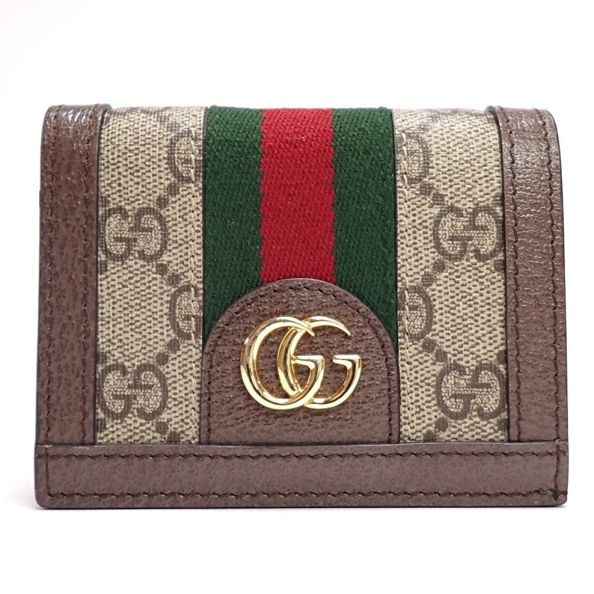 画像1: 【GUCCI】 グッチ　オフディア　GGカードケース　コイン＆紙幣入れ付き　ベージュ　ブラウン　523155　コンパクト　GGスプリーム　ゴールド金具　レディース　ウォレット　中古　美品　質屋　財布